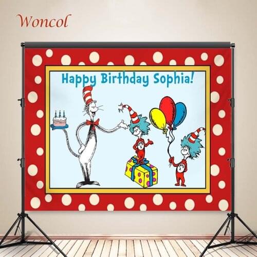 Woncol Cat in Hats Photo Backdrops Happy Birthday Photography Backgrounds Dr Seuss Red Decor Banners Vinyl Photo Studio