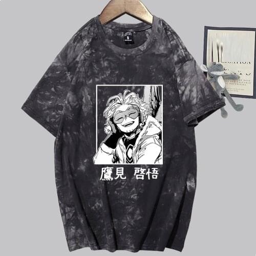 My Hero Academia Tie-dyed T-shirts Hawks Print Women Men Casual Oversized Loose MHA Anime Tee Crewneck Streetwear Top 2021