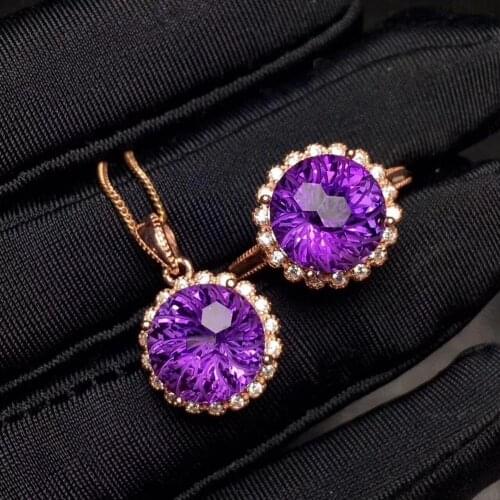 Big size purple amethyst ring and necklace jewelry set for women real 925 sterling silver round natural amethyst birthday gift