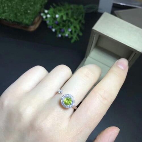 925 Pure silver inlaid natural olivine ring fashion style top opening size adjustable