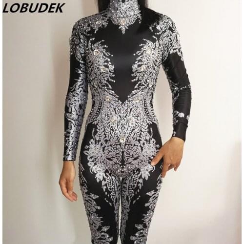 Silvery Black Sparkly Crystals Jumpsuit Sexy Leotard Stretch Bodysuit Nightclub Female Singer DJ Costume Zentai Stage outfit