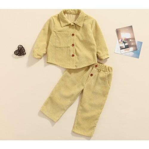 2 Pieces Kids Suit Set Girls Solid Color Turn-Down Collar Long Sleeve Tops+ Long Pants for Fall Winter 1-6 Years