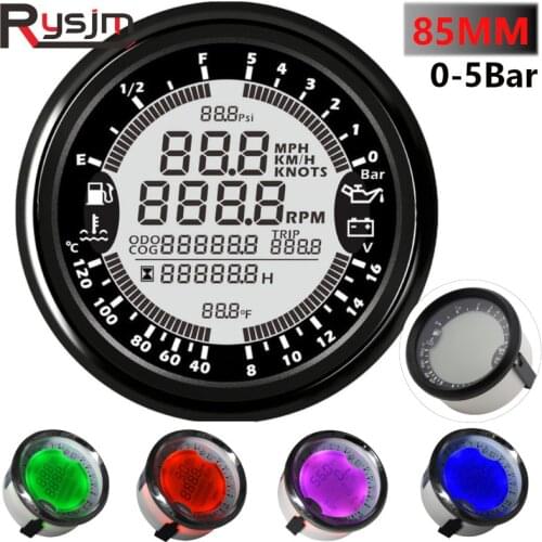 85mm 6 in 1 Multi-functional Gauge Meter GPS Speedometer Tachometer Hour Water Temp Fuel Level Oil Pressure 5 Bar Voltmeter 12V