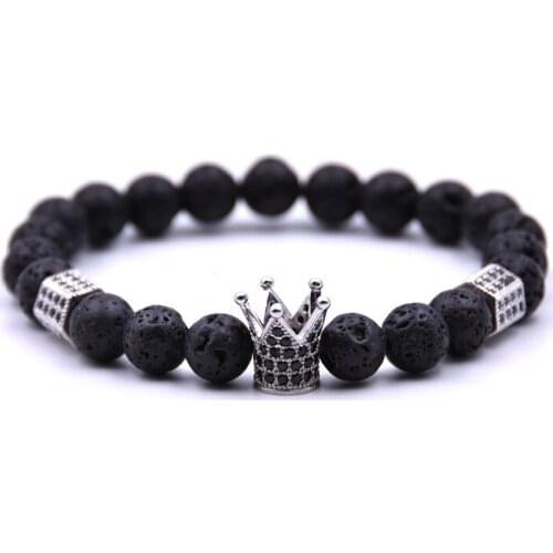 Trendy Imperial Crown & Stoppers Bracelets Black Lava Stone Natural Beads Bracelet For Women Men Jewelry Pulseras Mujer