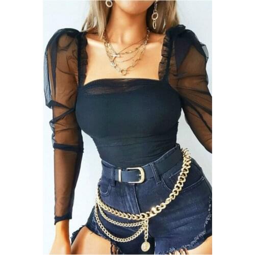 Fashion Black Contrast Mesh Gigot Sleeve Mid Waist Skinny Bodysuit Women Autumn Plain Elegant Bodysuits