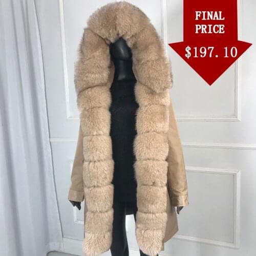 Real natural fox fur coat jacket parka with fox fur big large fox fur collar rabbit fur liner thick warm new waterproof