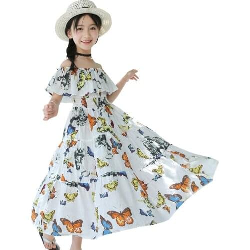 Big Childrens Girls Korean Dress Teenager Kids Waist Floral Butterfly Holiday Cotton Bohemian Dress Girls Casual Beach Clothes