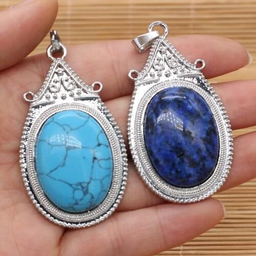 Natural Stone Egg Shape Turquoises Crystal Pendant Alloy Charm Crystal Boho Ethnic Pendants for Jewelry Making DIY Necklace Gift