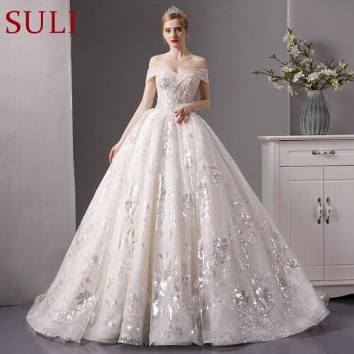 SL-6074 luxury embroidery wedding dress 2019 bling bling lace ball gown wedding bridal dress