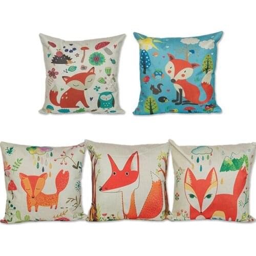 Cartoon Fox Casual Cushion Cover Cotton Linen Decorative Pillowcase Chair Seat Square 45x45cm Pillow Cover Home Living Textile