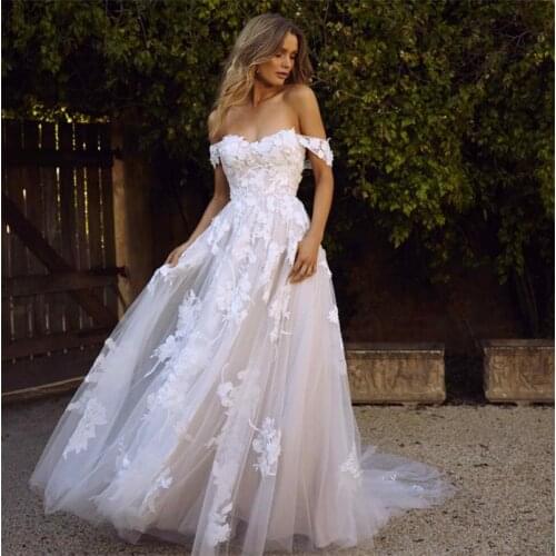 Backless Off-Shoulder Sweetheart A-Line Tulle Sweep Train Applique Wedding Dress vestido de noiva Bridal Dress Wedding Gowns