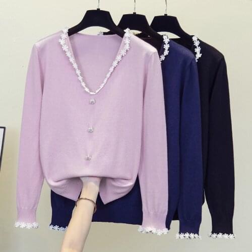 Nkandby Plus Size V-neck Sweaters 2021 Autumn And Winter Large Women Pullovers Jumpers Loose Embroidery Floral Basic Knitted Top