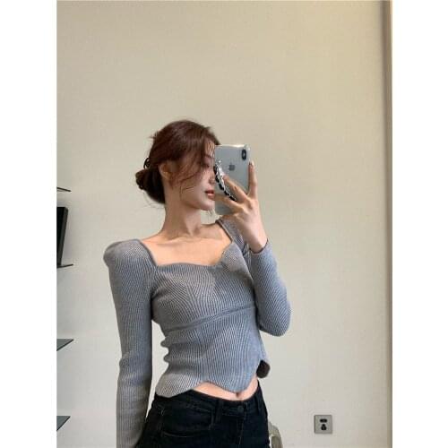 Petal edge sweater womens spring newKorean version with a slim short long-sleeved thin bottoming shirt top