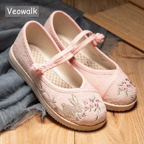 Veowalk Spring Autumn 1-15 Year Kids Girls Cotton Fabric Embroidered Ballet Flats Light Comfortable Children Soft Walking Shoes