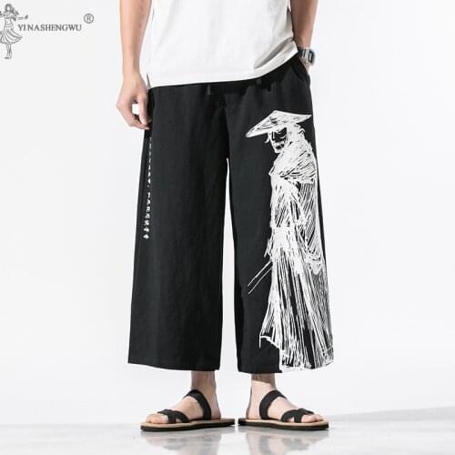 Harajuku Japanese Kimono Traditional Clothing Male Fashion Asian Streetwear Chinese Printed Retro Warrior Loose Cropped Pants