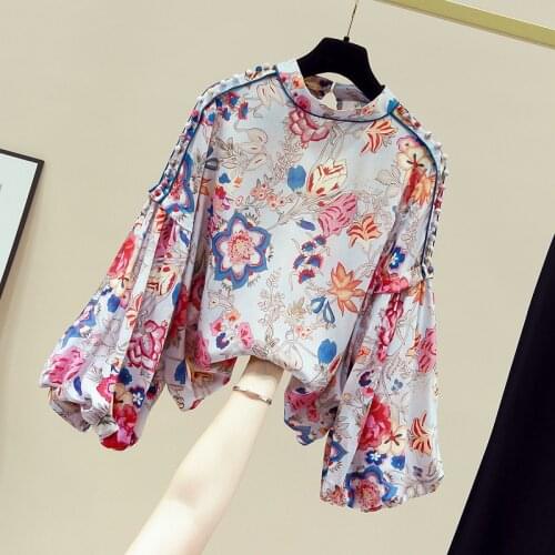 Special Design 2020 Autumn Womens Balloon Long Sleeves Floral Silk Shirt Female Ladies Shirts Blouse Tops A3660