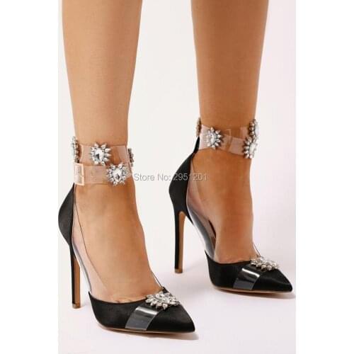 New Rhinestone PVC Transparent Buckle Strap High Heels Shoes Women Satin Pumps Pointed toe Woman Crystal Wedding Shoes