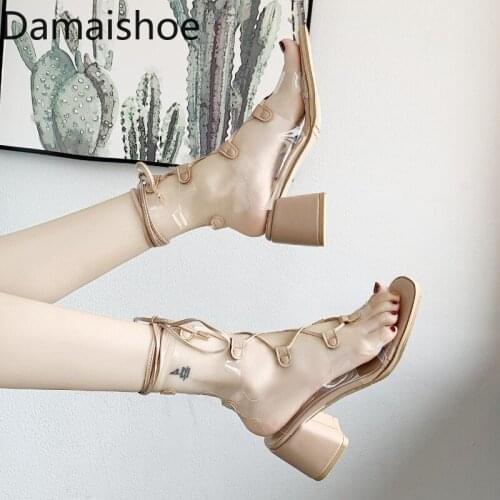 Womens Chunky Heel Sandals 2021 New Summer Lace-up Fashionable Transparent Lace-up Square Toe Lady Sexy Roman High Heels Sandal