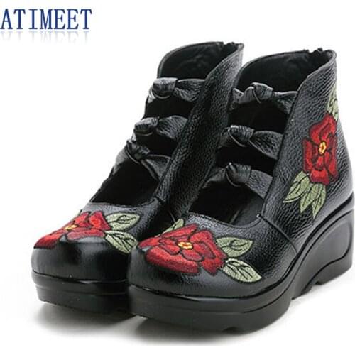 Women Split Leather Boots Female Vintage Style Embroidery Flowers Punk Platform Boots Wedges High Heels