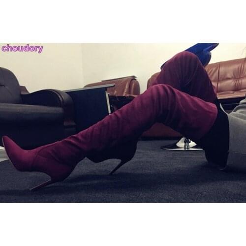 Women Pointed Toe Over-the-Knee Boots Wine Red Sexy Long Boots Thin High Heels Dress Shoes Party Short Nightclub Girls Boots