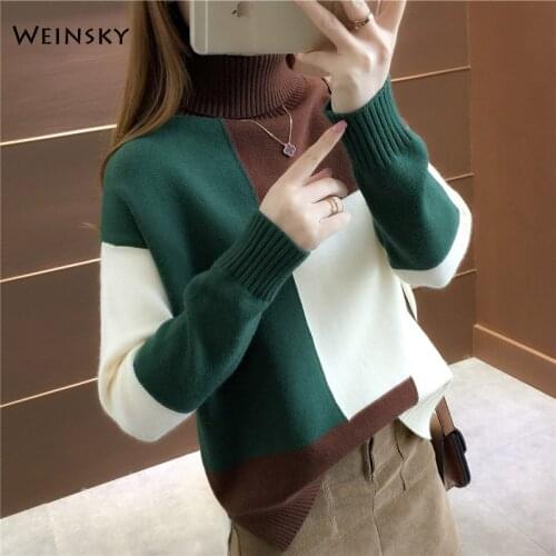 Women Turtleneck Knitted Sweater And Pullovers Korean Style Fashion Female Patchwork Sweaters Winter And Autumn 2019 New