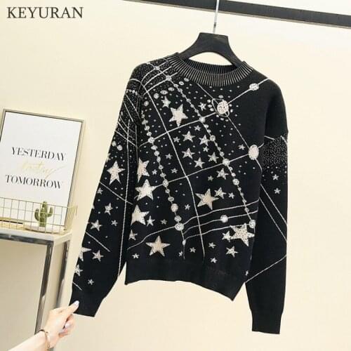 Retro Galaxy Star Pattern Jacquard Sweater Women Vintage Long Sleeve Jumpers 2021 Autumn Winter Ladies Sweaters Pullovers Black