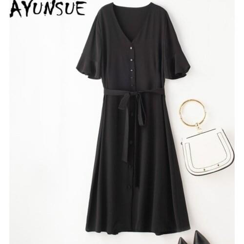 Real Silk Dress Women Summer Dress Korean Fashion Black Midi Dress Elegant Vintage Party Dress Vestido Mujer OSS19-07-30 YY2652
