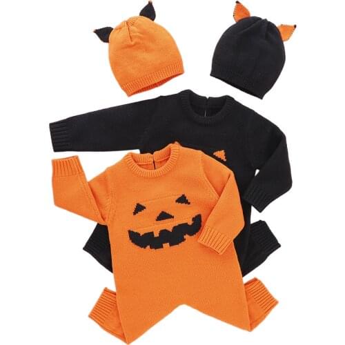 2Pcs Baby Halloween Kintted Warm Winter Outfit, Smiling Face Long Sleeves Romper + Cute Hat for Toddler Girls, Boys, 0-18 Months