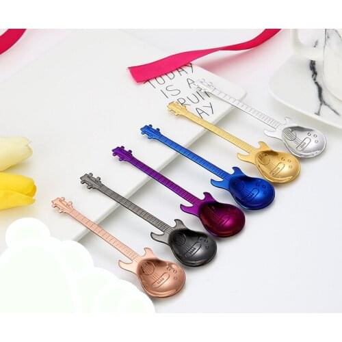 300PCS Creative Stainless Steel Colorful Guitar Shaped Tea Coffee Ice Cream Spoon Random Mixed