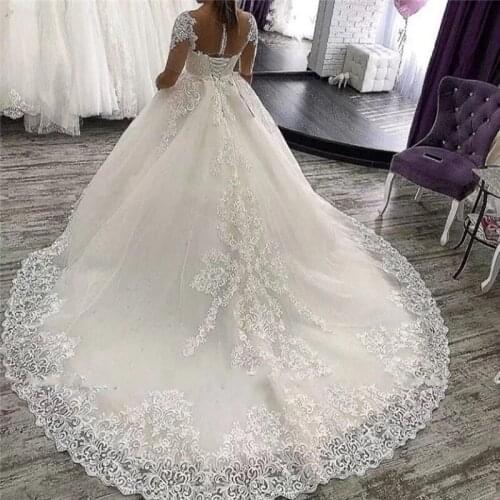 Ball Gown Wedding Dresses Luxury Applique Court Train Short Sleeves Saudi Arabia Bride Dresses plus size Vestido De Novia
