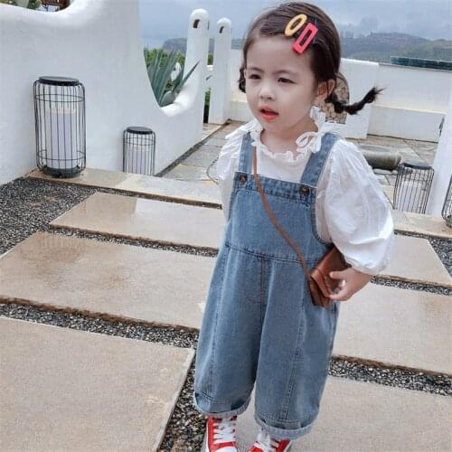 2021 Fashion Girls Casual Denim Jeans Overalls Children Strap Solid Cotton Jumpsuit Kids Loose Overalls Pants trousers Clothing