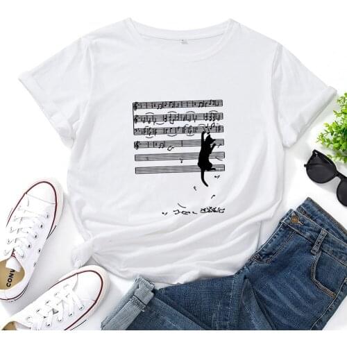 Music Staff Cat Print T-shirt Women O-neck T-shirt Cotton Women Casual Women T-shirt Black White Personalized Poleras Mujer