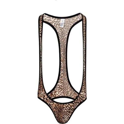One Piece Bodysuit Men Sexy Leopard Print Backless Underwear Wrestling Singlet Jumpsuit Erotic Strap Costume Jockstrap Lingerie