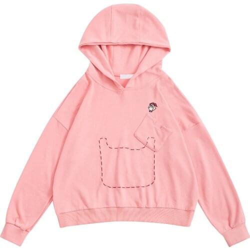 Korean Fashion Spring Autumn New Women Hooded Sweatshirts Long Sleeve Pink Cotton Preppy Style Girls Hoodies Tops