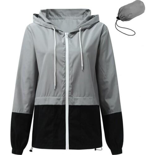 Hooded Jacket Solid Color Drawstring Women Long Sleeve Zipper Pockets Raincoat for Hiking