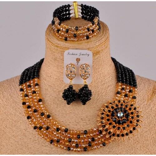 Fashion black and champagne gold ab nigerian wedding african beads jewelry set crystal 5SZ-04