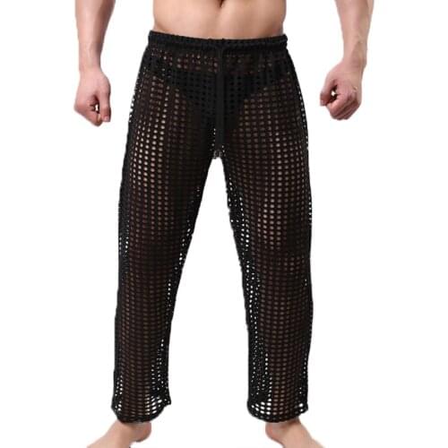 Mens Sleep Bottoms Casual Sheer Trousers Mesh Fishnet Transparent Sleepwear Breathable Sports Pants Pantalon Pajama Lounge XL