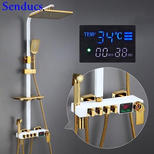 Thermostatic Shower Set Senducs Square Black Gold Bathroom Shower System Rainfall Bathroom Shower Faucet Brass Bath Bidet Shower