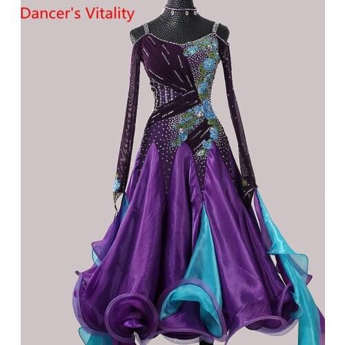 National Standard Dance Racing Costume Embroidered Diamond Fishbone Big Hem Dress Ballroom Modern Waltz Jazz Dancing Stage Suit