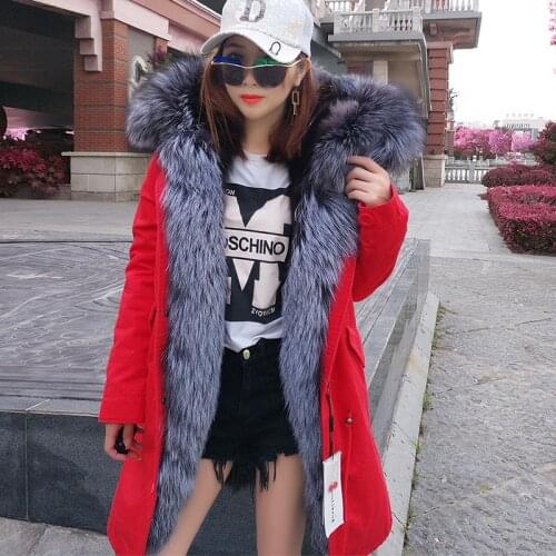 Natural real fox fur coat ladies coat long silver fox fur collar women winter coat parka Womens coat Womens jacket Fur coat