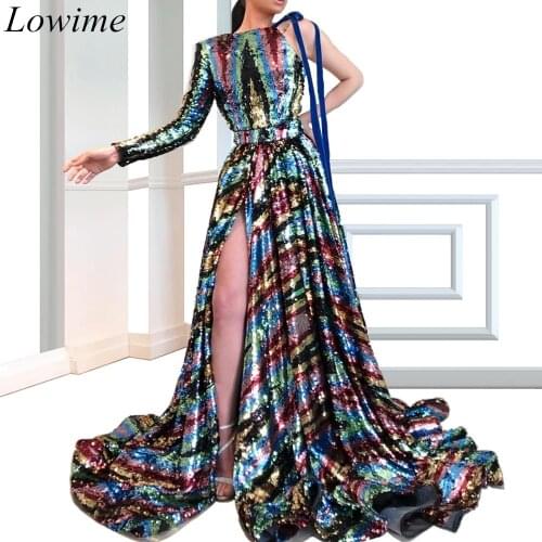 New Sparkly Muslim Celebrity Dresses 2019 Long One Shoulder Kaftan Formal Evening Party Dress Middle East Prom Gowns abiye