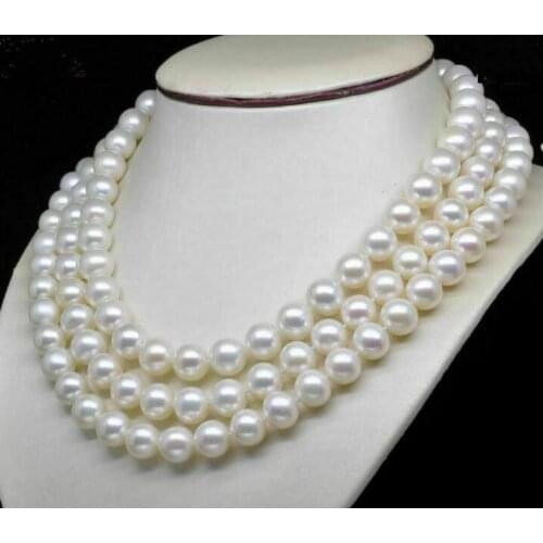 Charming Triple Strand AAA 10-11MM White Pearl Necklace 17"-19" Yellow clasp