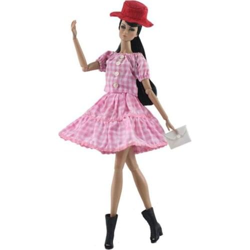 1/6 BJD Doll Clothes for Barbie Clothes Pink Plaided Short Puff Sleeve Shirt Top Skirt Outfits Bag Hat 11.5" Dollhouse Accessory
