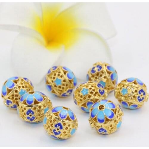 Wholesale 5pcs gold-color round ball hollow cloisonne carved enamel 13*14mm spacers accessories beads diy jewelry finding B2515