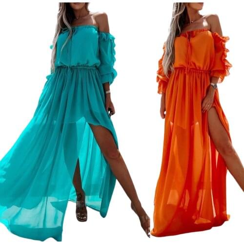 Women Solid Color Long Dress, 3/4 Sleeve Off-shoulder Side Split Elastic Waist Dress With Ruffles 2021 New Fasihon