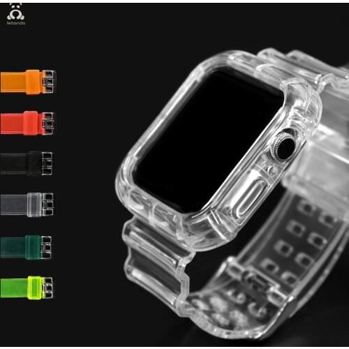 LEBANDA band with cover for Apple Watch Series 4 5 6 case strap for iWatch 40 44mm soft jelly candy colorful double pin