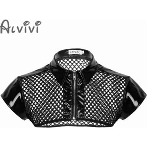 Sexy Shoulder Harness Mens See Through Mesh Fishnet Cap Patent Leather Half Tank Tops Sexy Police Clubwear Costume Mesh Harness