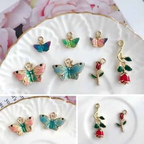 DIY handmade literary earrings material pastoral wind rose pendant color romantic two-color butterfly jewelry accessories 6pcs