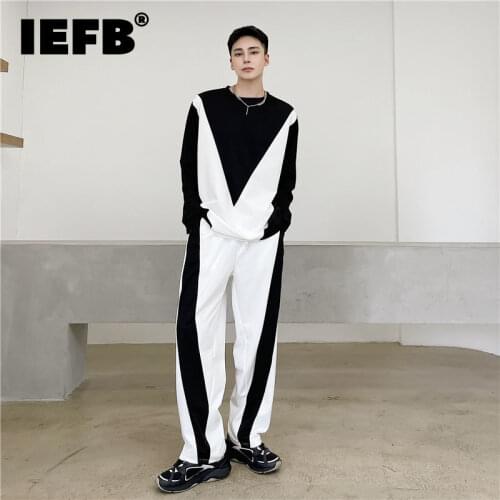 IEFB Tops And Pants Are Sold Separately 2021 Autumn Loose Black White Contrast Color Split Ong Sleeve Tops + Sports Casual Pants