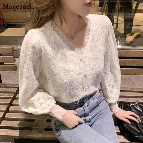2021 Office Lady Lace Embroidery Womens Shirt 2021 Spring Plus Size Loose Women Shirts Blouses Fashion White Blouse Tops 13356